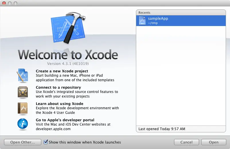 The Xcode Welcome screen