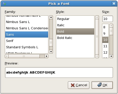 The CentOS font picker dialog