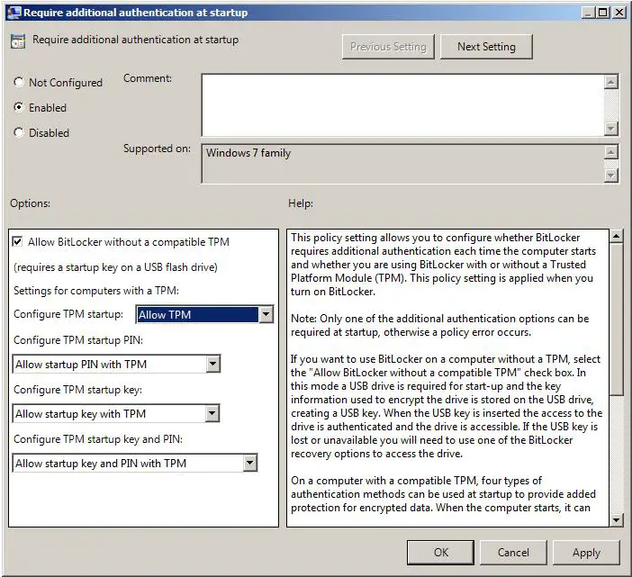 Configuring Windows Server 2008 R2 Bitlocker TPM prolicy settings