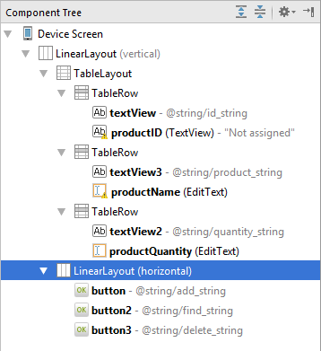 The Component Tree hierarchy for the completed Android Studio TableLayout example