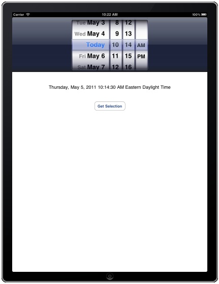 An example iPad UIDatePicker application running