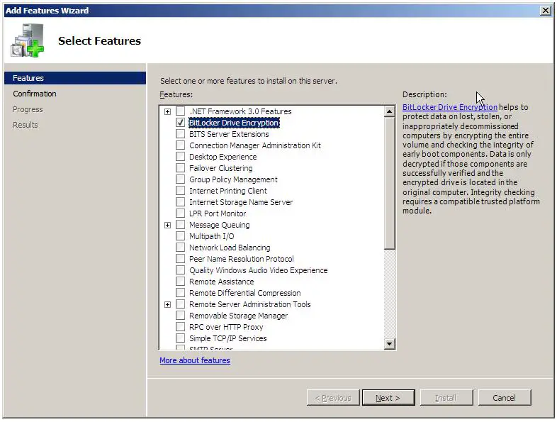 The Windows Server 2008 R2 Add New Features Wizard