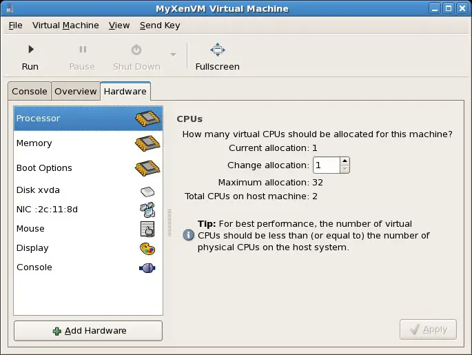 Configuring the CPU settings of a CentOS based Xen virtual machine