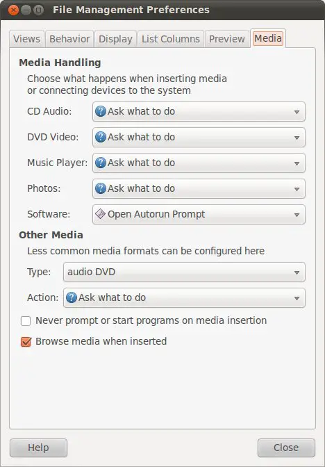 Ubuntu 10.10 file manager media settings