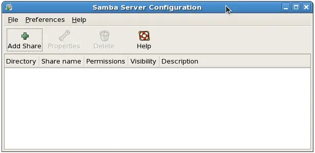 The Samba Server Configuration tool running on CentOS
