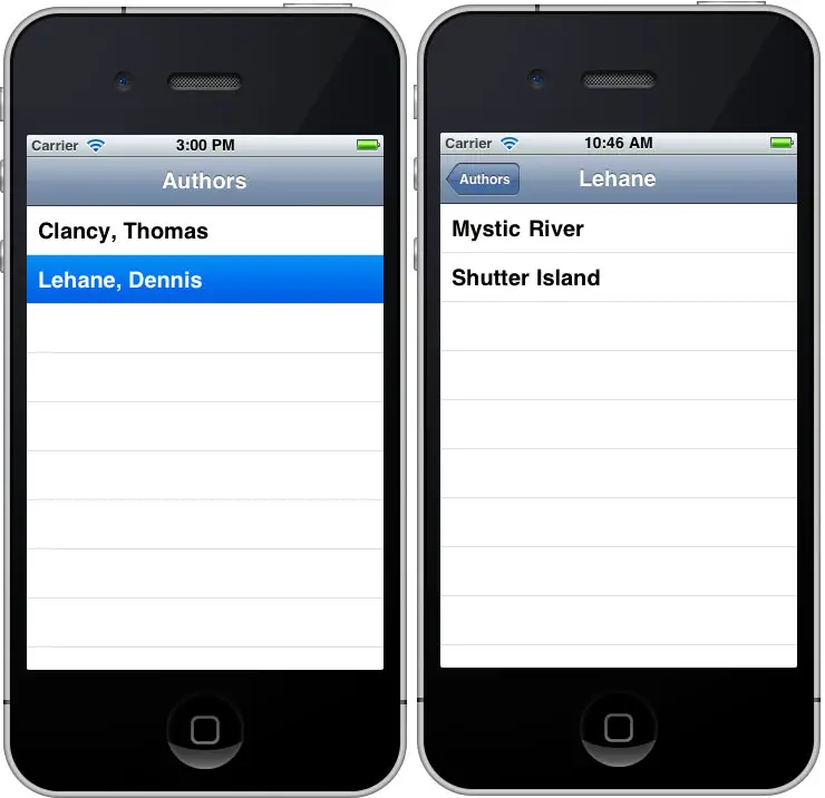 The completed iPhone iOS 5 TableView navigation example application