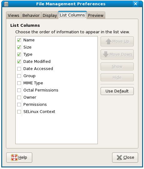 Configuring the columns to be displayed in file manager list