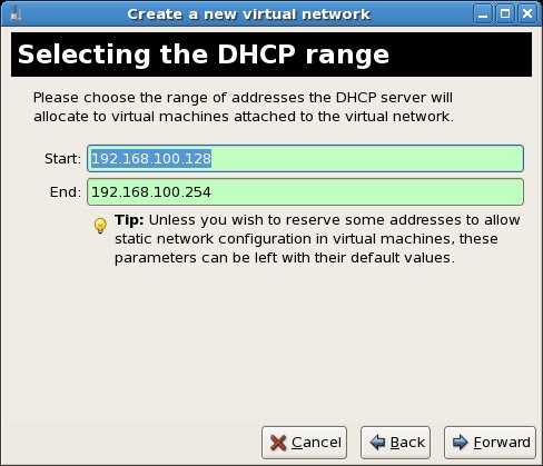 Defining the virtual network DHCP server address range