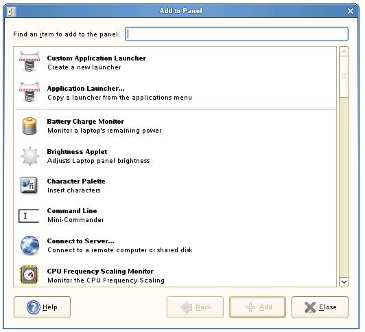 GNOME Add to Panel Dialog