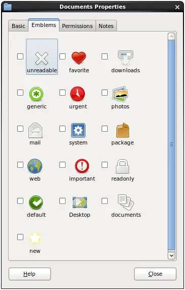 The CentOS 6 File and Folder Emblems Panel