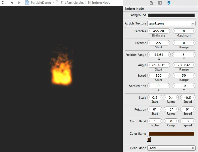The Xcode 5 Particle Emitter editor