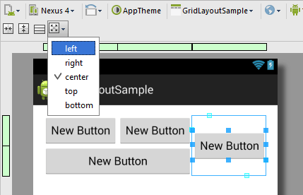 The Android Studio Designer GridLayout toolbar gravity button