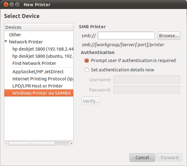 Configuring an Ubuntu 10.10 Windows based printer