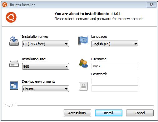 The Ubuntu 11.04 Wubi installer configuration screen