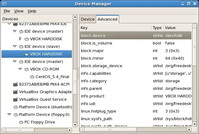 A new disk drive listed in the CentOS Hardware Manager tool
