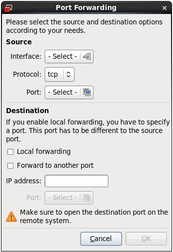 The RHEL 6 Firewall port forwarding screen
