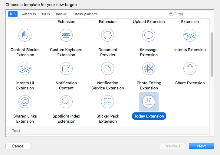 Xcode 8 ios 10 today extension target.png