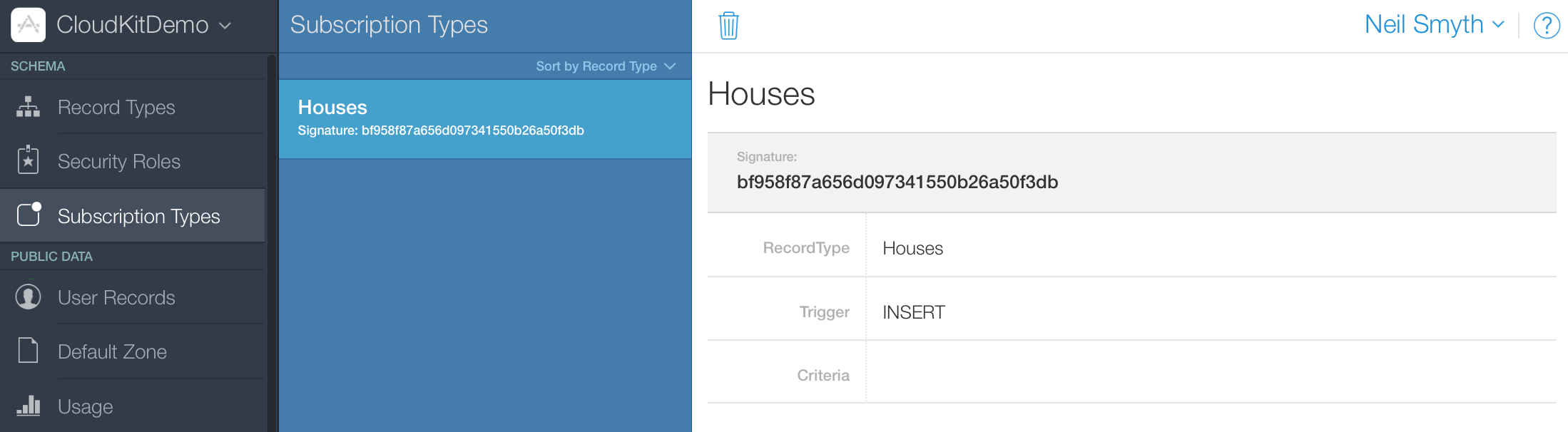 The new CloudKit subscription listed with the the CloudKit Dashboard