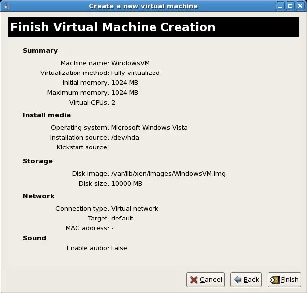 The RHEL 5 new Xen guest summary screen