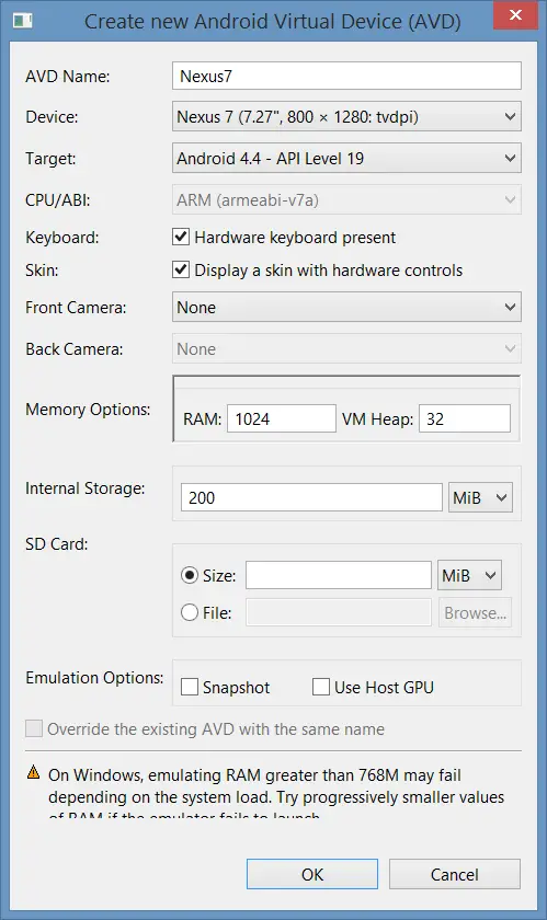Creating a new AVD based on the Google Nexus 7 tablet