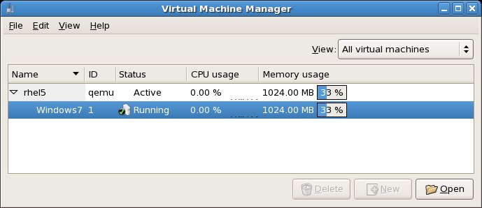 A KVM guest listed as running on an RHEL server