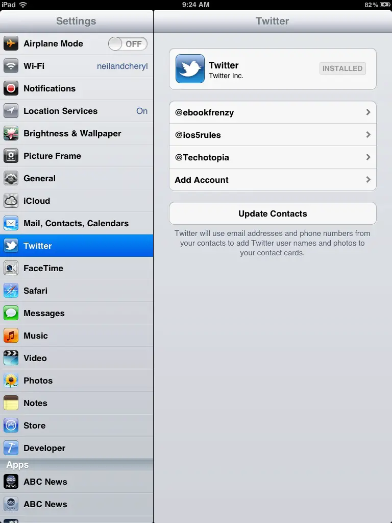 The iPad iOS 5 Twitter settings page