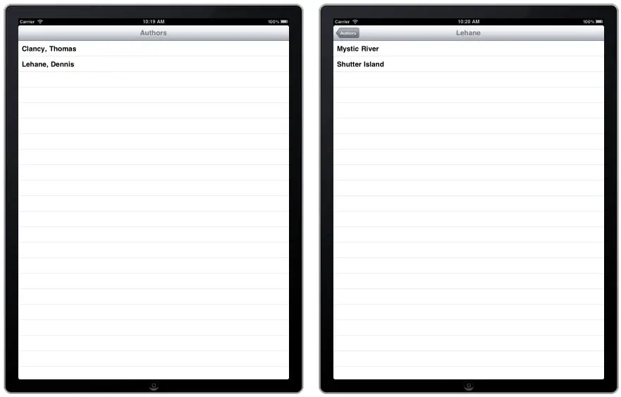 The completed iPad iOS 5 table view navigation app runing