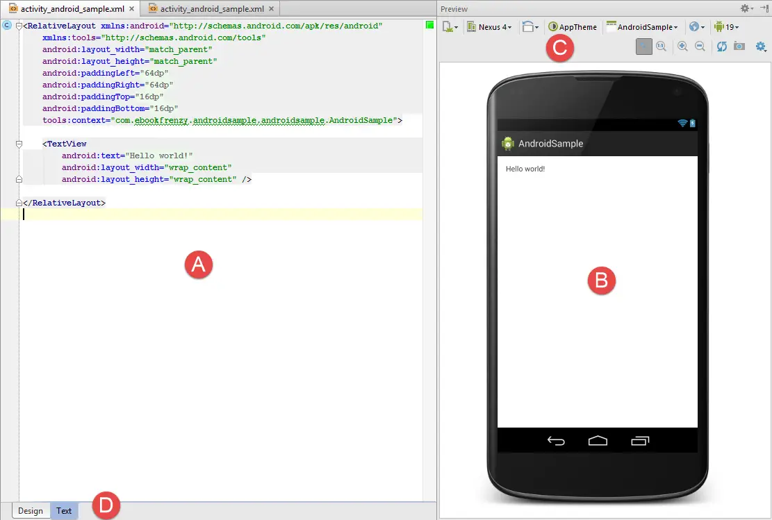 The key areas of the Android Studio Designer tool in Text mode