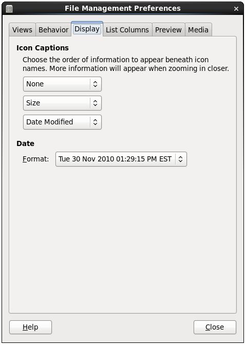 The RHEL 6 file manager display settings page