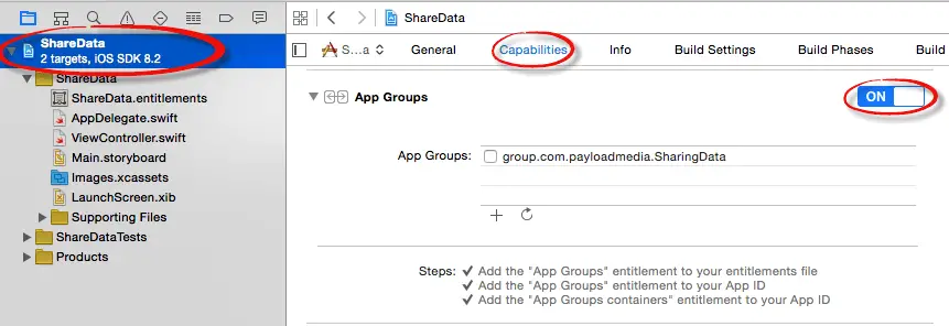 Enabling app groups in Xcode