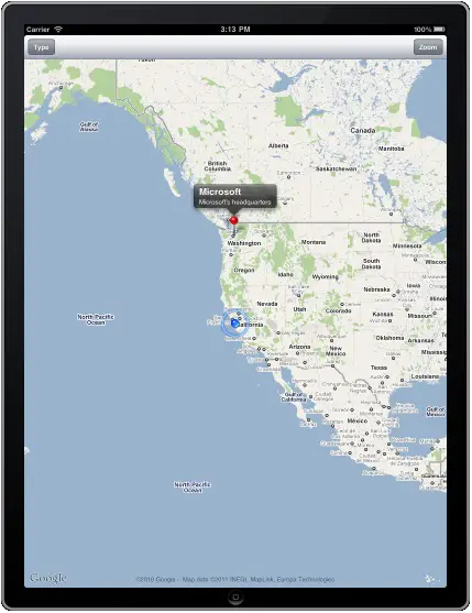 An iPad example application with MapView and annotation
