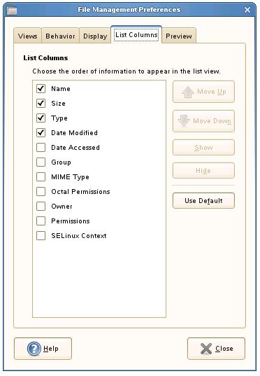 Configuring the columns to be displayed in file manager list