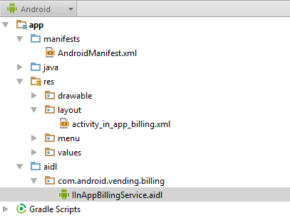 The In App Billing AIDL file added to the Android Studio project