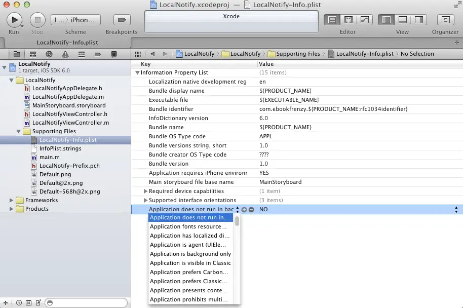 Changing background mode settings in Xcode for an iOS 6 app