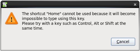 A keyboard shortcut error message
