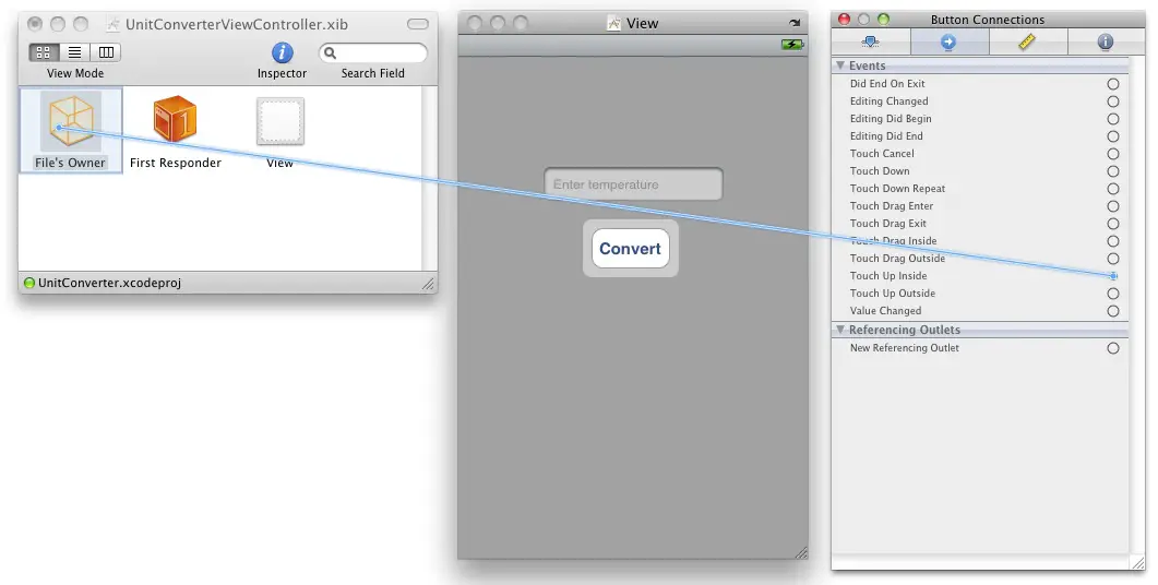 Connecting an interface object event to an action in teh view controller
