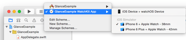 Choosing the WatchKit app run target