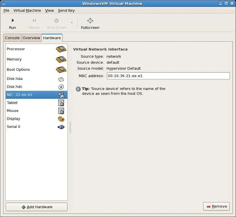 Existing NIC selected for a virtual machine
