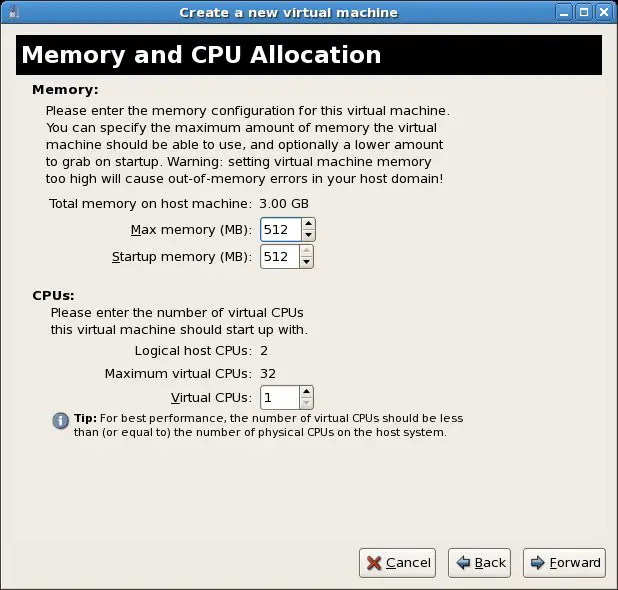 Configuring Memory and CPU settings for a Xen Virtual Machine on CentOS