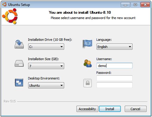 The Ubuntu 10.10 Wubu installation screen