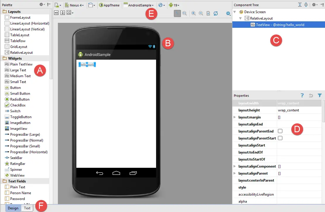 The key areas of the Android Studio Designer tool in Design mode