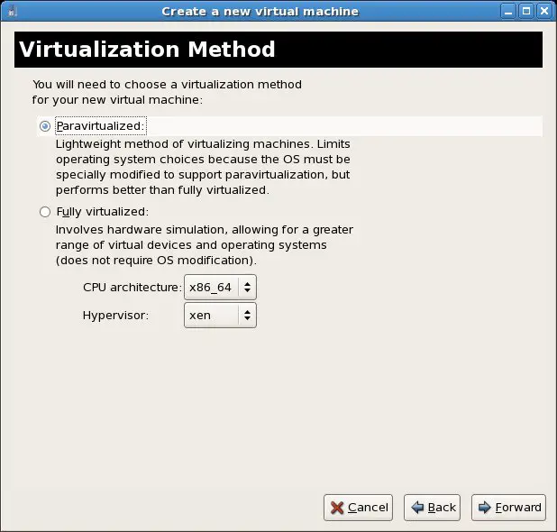 Configuring Virtualization method for an RHEL 5 Xen VM