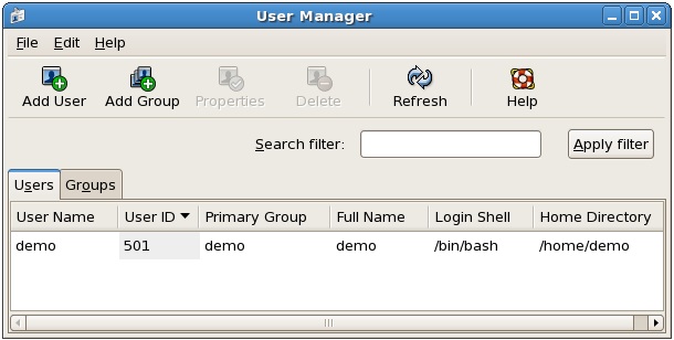 The RHEL Users and Groups Manager