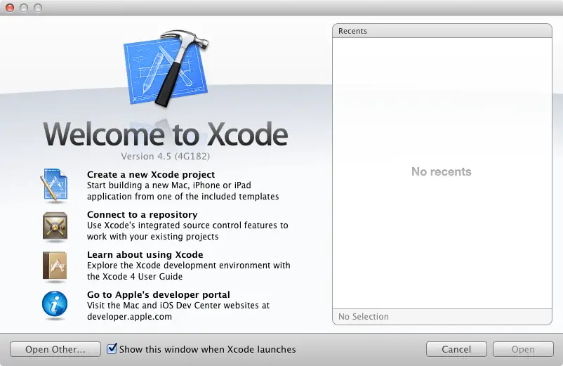 The Xcode 4.5 Welcome Screen