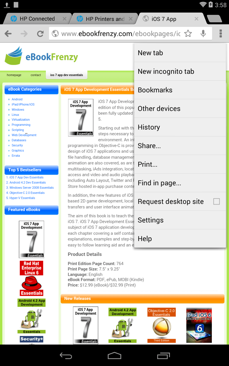 The Print menu in the Android Chrome browsser