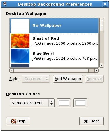 The CentOS Desktop Background Preferences Dialog