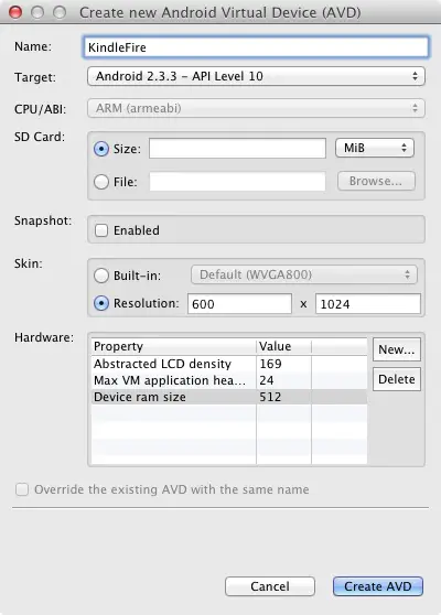 Creating a Kindle Fire compatible AVD