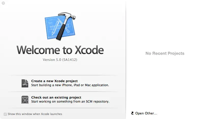 The Xcode 5 Welcome screen
