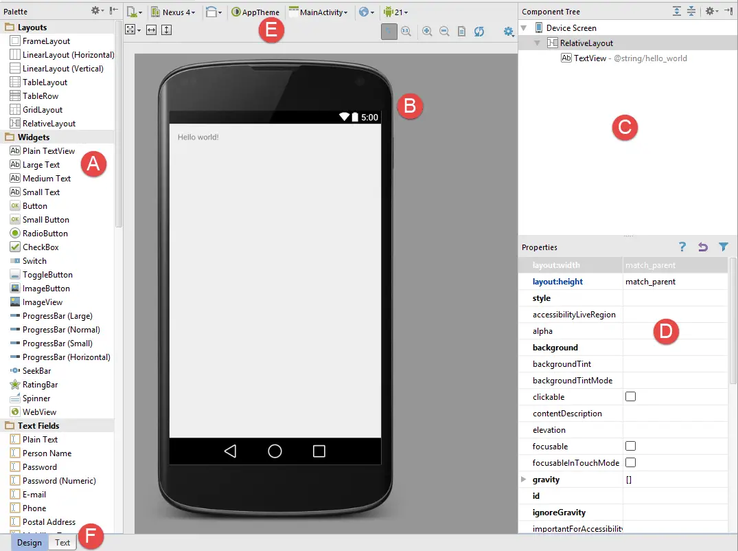 The key areas of the Android Studio Designer tool in Design mode