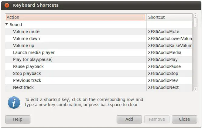 The Ubuntu 10.10 Keyboard shortcut screen
